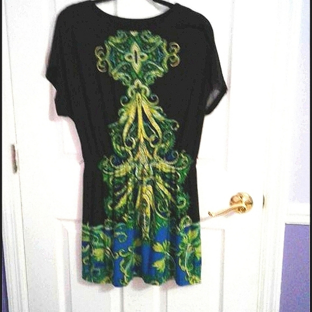 New Directions Boho Black & Green Medallion Print Flowy Jersey Mini Dress M